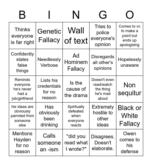 Zak Drama Bingo Card