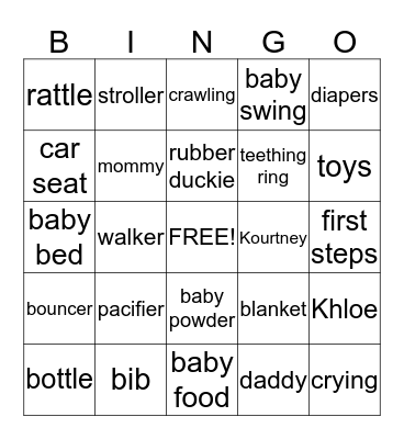 Karlee's Baby Shower Bingo Card