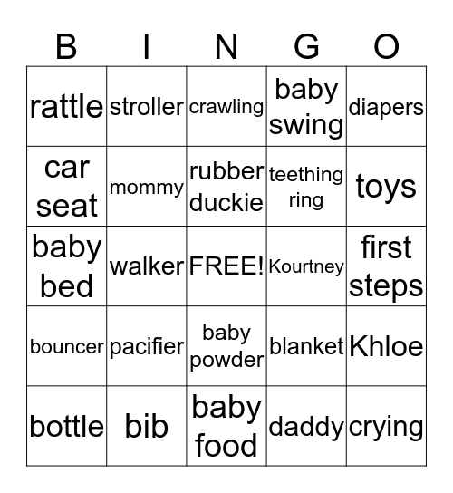 Karlee's Baby Shower Bingo Card