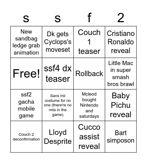 saturday ssf2 bingo Card