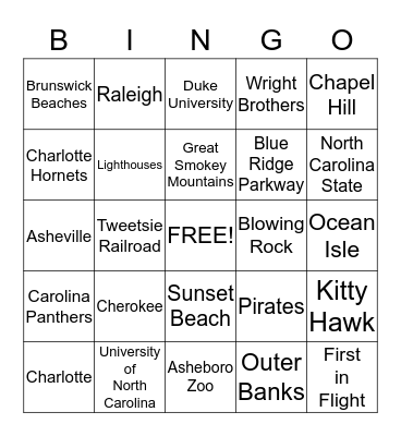 North Carolina Bingo Card