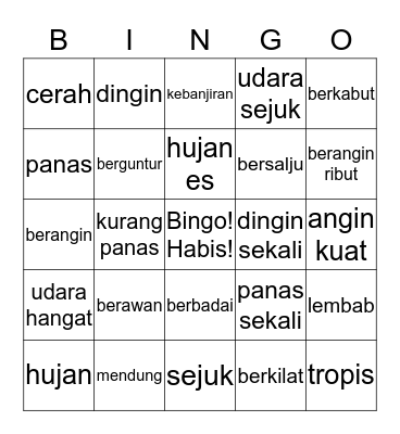 Bagaimana cuaca lusa, besok, hari ini, Kemarin,(dulu)?  Bingo Card