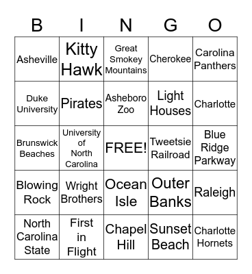 North Carolina Bingo Card
