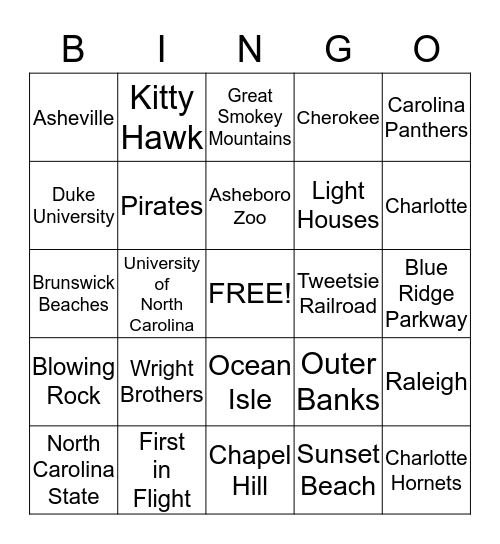 North Carolina Bingo Card