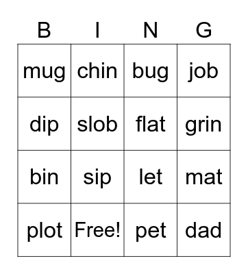 Word Family Bingo Card