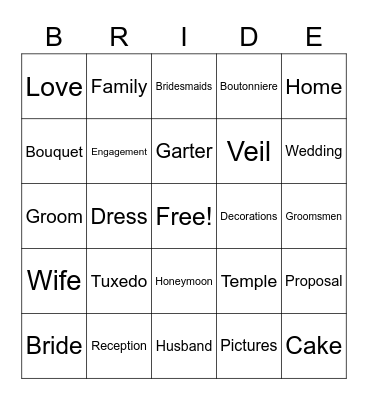 Bridal Bingo Card