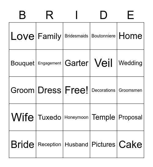 Bridal Bingo Card