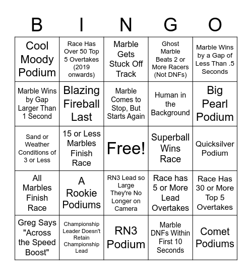 Sand Marble Rally Bingo Card