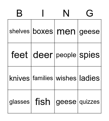 Plural irregular nouns Bingo Card