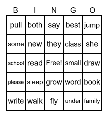 Sight Words Bingo Card