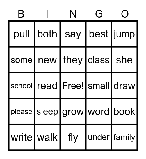 Sight Words Bingo Card