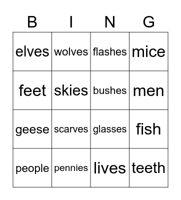 Plural irregular nouns Bingo Card