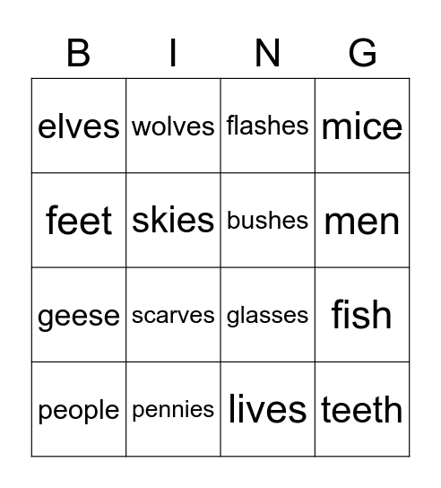 Plural irregular nouns Bingo Card