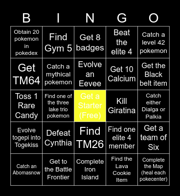 Pokemon Platium Random Warp Bingo Card