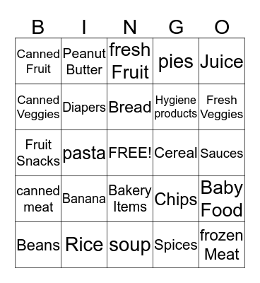 Food Pantry Bingo Card