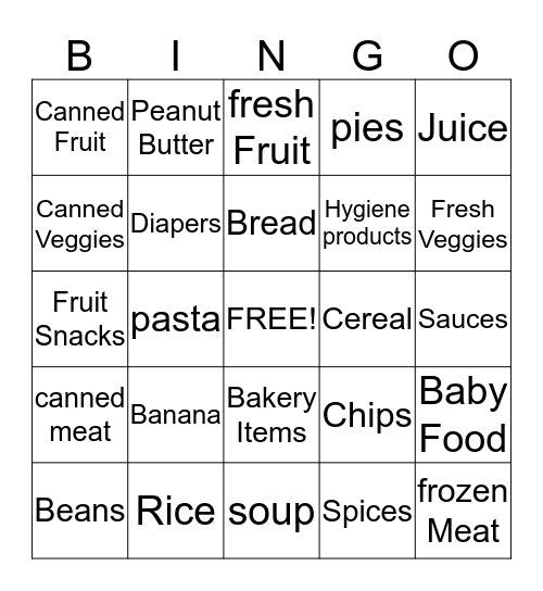 Food Pantry Bingo Card