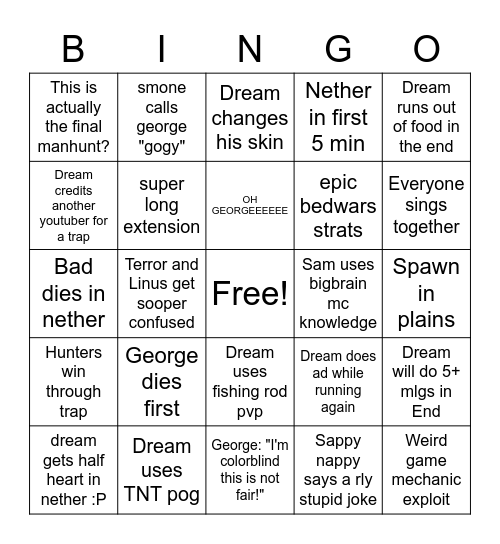 Dream Manhunt Bingo Card