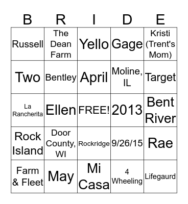 Bridal Shower Trivia Bingo! Bingo Card