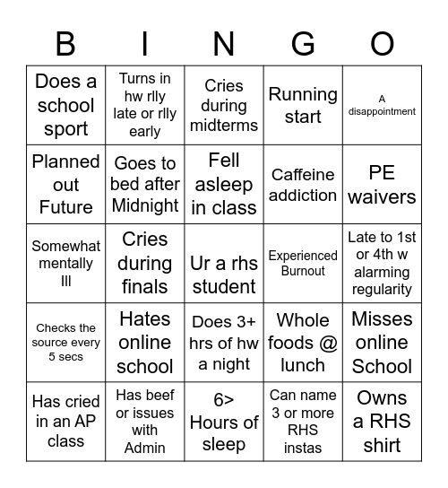 RHS bingo Card