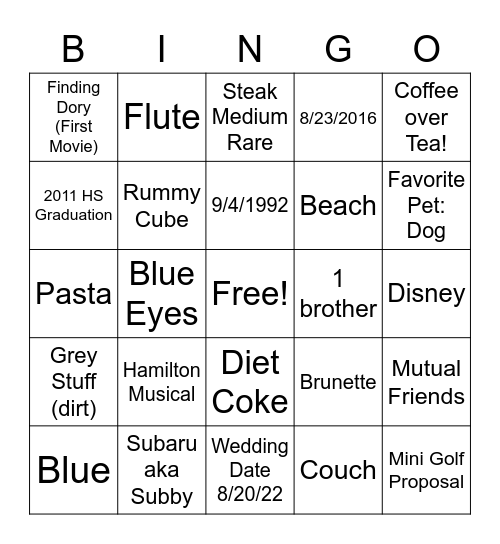 Tori's Bridal PAR-TEA Bingo Card