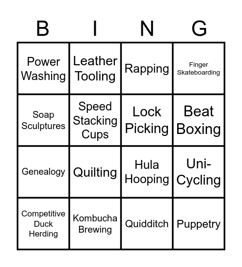 Unique Leisure Bingo Card