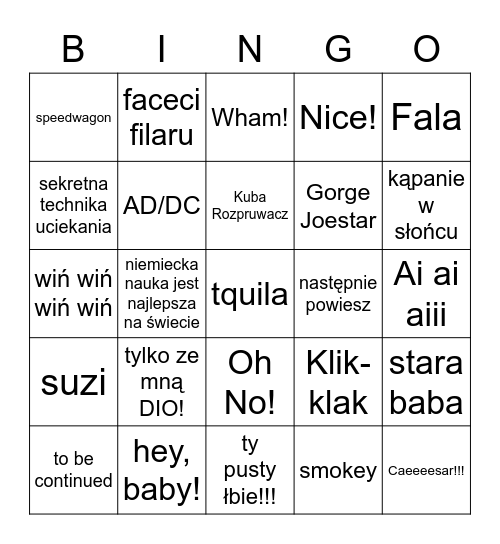 JOJO Bingo Card