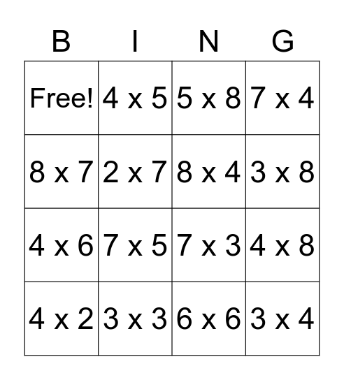 Multiplication Bingo Card