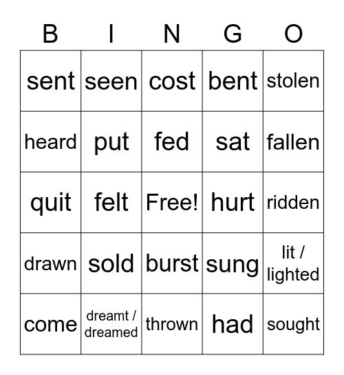 IREGULAR VERBS Bingo Card