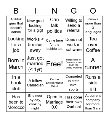 Young Professional's Social BINGO Card