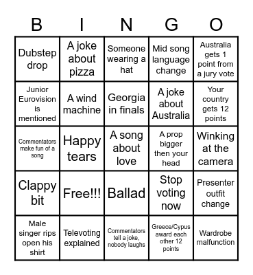 Eurovision  2022 Bingo Card