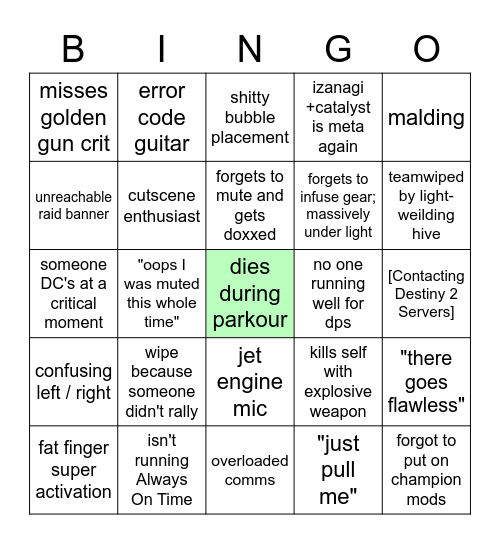 Destiny 2 Raid Bingo Card