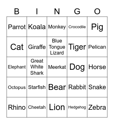 Animals Bingo Card