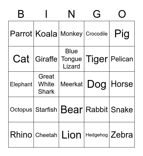 Animals Bingo Card