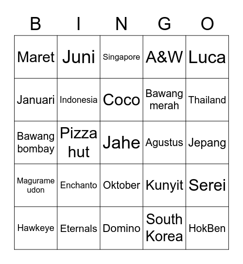 Yuki Bingo Card