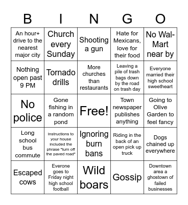 Rural Town Bingo Card