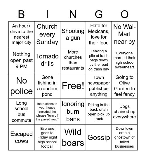 Rural Town Bingo Card