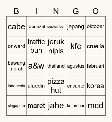 Miraya Bingo Card