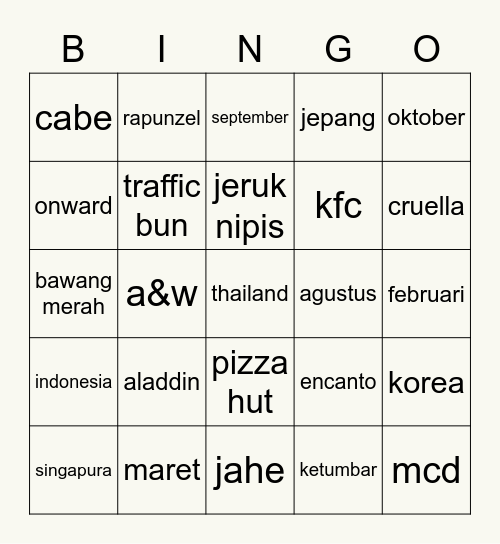 Miraya Bingo Card