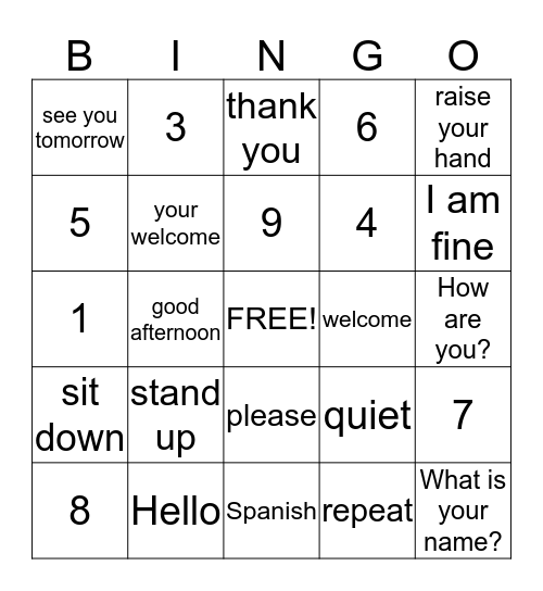 Greetings and numbers Bingo Card