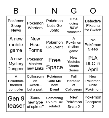 Pokémon Presents Bingo Card