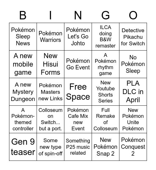 Pokémon Presents Bingo Card