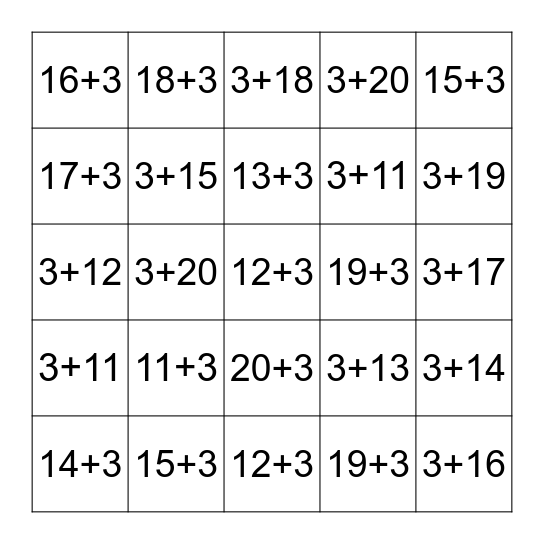 Plus Three Fluency 11-20 Bingo Card