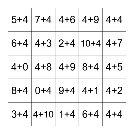 Plus Four Fluency 0-10 Bingo Card