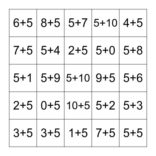 Plus Five Fluency 0-10 Bingo Card