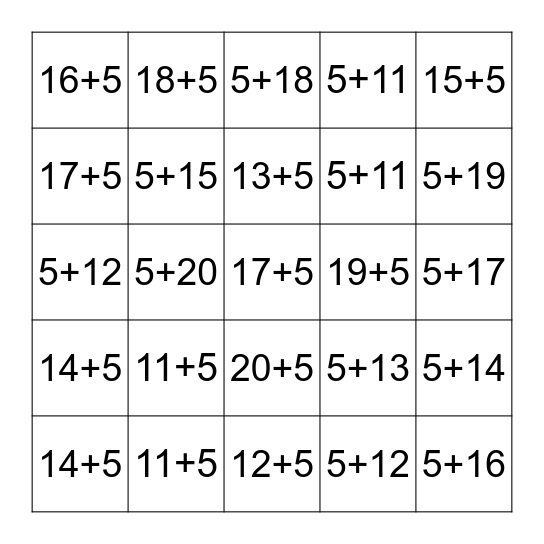 Plus Five Fluency 11-20 Bingo Card