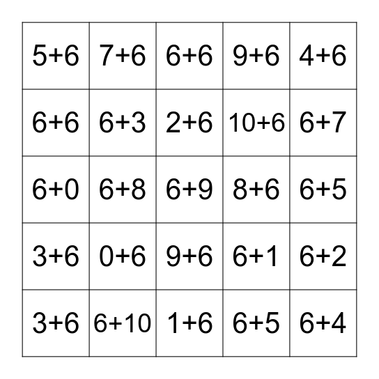 Plus Six Fluency 0-10 Bingo Card