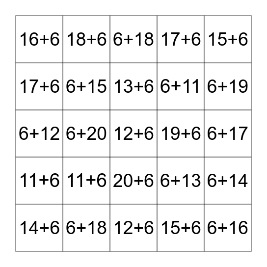 Plus Six Fluency 11-20 Bingo Card