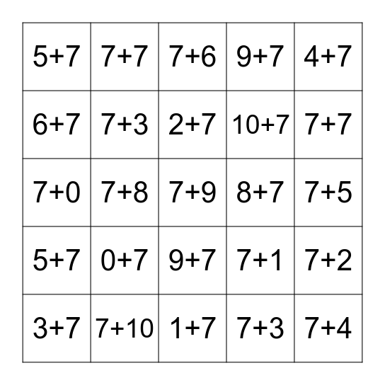 Plus Seven Fluency 0-10 Bingo Card