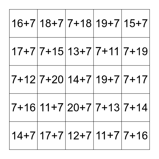 Plus Seven Fluency 11-20 Bingo Card
