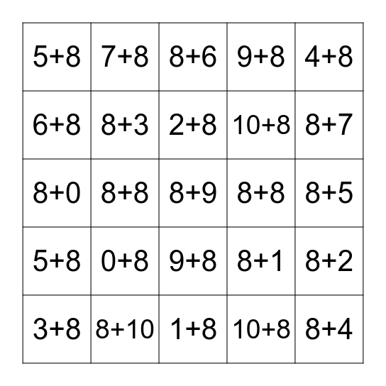 Plus Eight Fluency 0-10 Bingo Card
